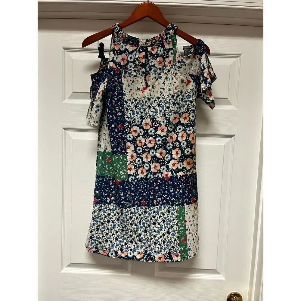 Zara Blue Floral Patchwork Cold Shoulder Boho Festival Dress sz XS EUC